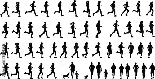 Running and jogging silhouette collection showcasing diverse athletes, fitness people, dog walkers, and active lifestyle movement in detailed vector isolated design