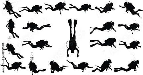 Scuba diver silhouette collection featuring underwater swimming poses, diving equipment, marine exploration, professional diver actions in detailed black vector illustration design