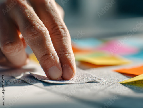 Wallpaper Mural Hand placing textured fabric pieces on a design blueprint with colorful swatches in the background for creative project planning and crafting Torontodigital.ca