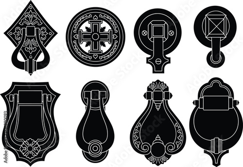 Set of ornate antique door knocker vector illustrations in black and white silhouette, featuring classic, medieval, and vintage ornamental designs for architectural, historical, and decorative themes