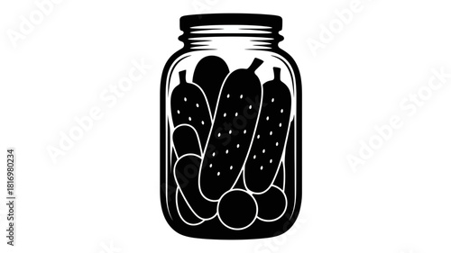 Black and white illustration of a jar filled with pickles