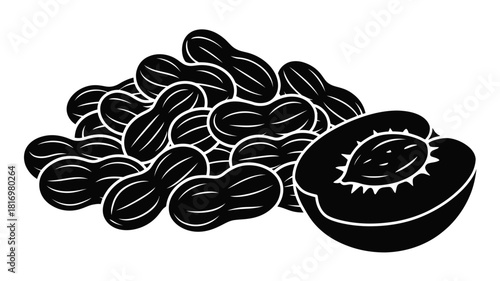 Black and white illustration of dried apricots and a halved apricot