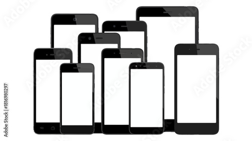 Collection of modern smartphones with blank white screens