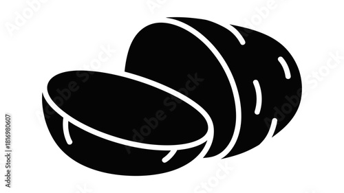 Black and white silhouette of a halved coconut