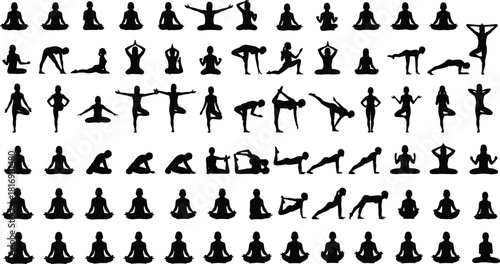 Silhouette collection of diverse yoga poses and meditation postures, peaceful exercise positions, fitness balance illustrations for wellness, mindfulness and relaxation themes