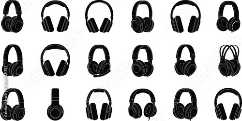Silhouette collection of various modern headphones, audio headset icons, music listening devices, wireless and wired earphone designs for technology, sound, entertainment themes