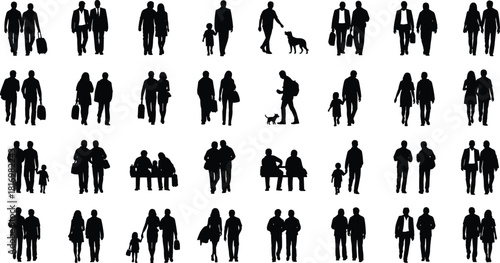 Silhouette collection of walking couples families and individuals in various poses, isolated black figures for design illustration urban lifestyle concepts
