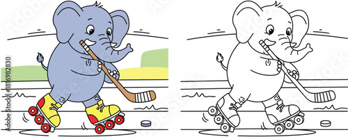 Coloring book page for kids with cute cartoon elephant playing roller hockey. Vector illustration of a funny animal on roller skates holding a stick and puck.