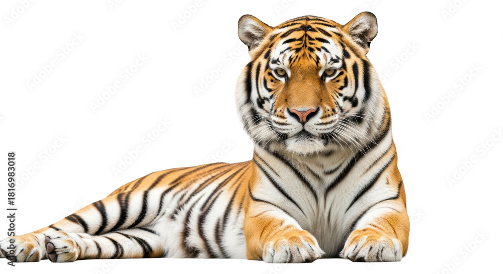 Fototapeta premium Majestic adult siberian tiger, vibrant orange and black stripes, lies majestically with intense eye contact on transparent studio background, conveying strength and dominance