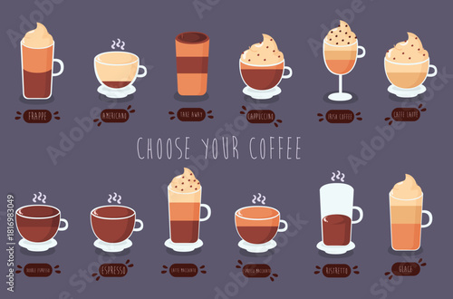 Assortment of coffee drinks with names on purple background