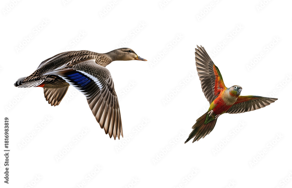Obraz premium Wild Female Mallard Duck in Flight Beside Brightly Colored Green Cheeked Conure Parrot Flying Isolated on White Background Concept of Different Bird Species or