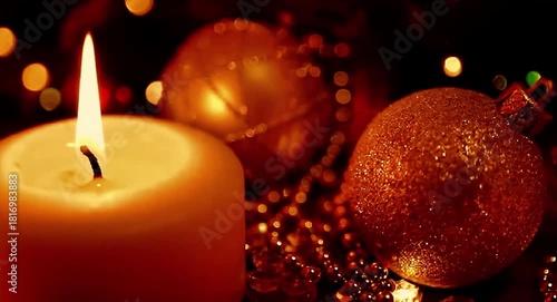 Candle lit beside Christmas ornaments and sparkling decorations  