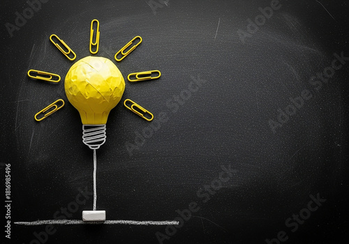 Chalk drawing of a lightbulb with a crumpled paper bulb and paperclip rays, a concept perfect for business innovation, creative ideas, and education
