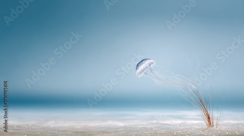   Blue and gray ocean with one jellyfish floating and snowflakes on the ground