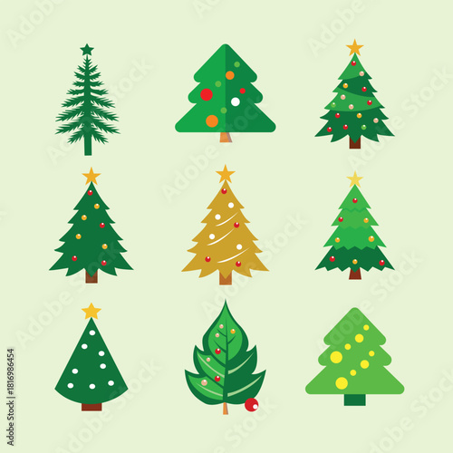 Collection of colorful Christmas tree vector icons in various styles, including decorated, minimal, classic, and modern designs. Festive flat illustrations perfect for holiday, winter, and seasonal pr