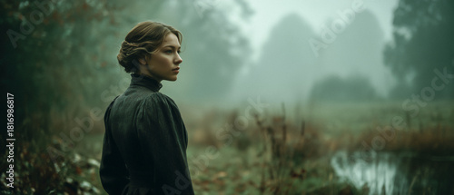 Victorian murder mystery. A tough beautiful woman detective in the fog searching for clues in London. Panoramic movie still.