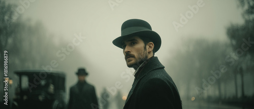 Victorian murder mystery. An enigmatic brilliant detective in the fog searching for clues in London. Panoramic movie still.
