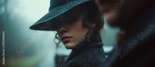 Victorian murder mystery. A tough beautiful woman detective in the fog searching for clues in London. Panoramic movie still.