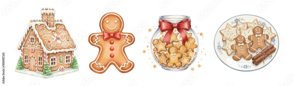 Fototapeta premium Collection of Christmas themed gingerbread treats, including a house, a man, and cookies in jars and on a plate.