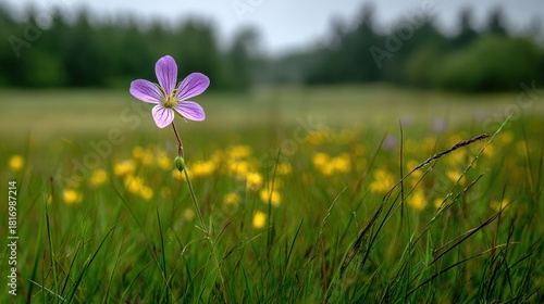 Fototapeta Naklejka Na Ścianę i Meble -    A solitary purple bloom graces a green meadow surrounded by golden blossoms