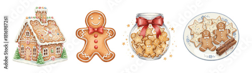Collection of Christmas themed gingerbread treats, including a house, a man, and cookies in jars and on a plate.