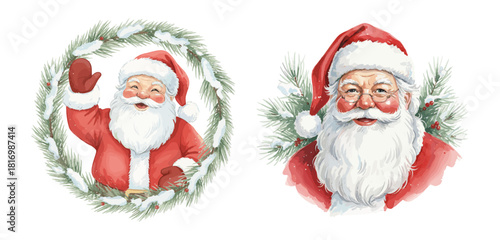 Watercolor illustrations of Santa Claus framed by snowy pine branches.