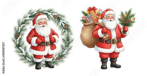 Watercolor illustrations of Santa Claus: one framed by a snowy pine wreath, and the other carrying a sack full of presents and a decorated branch.