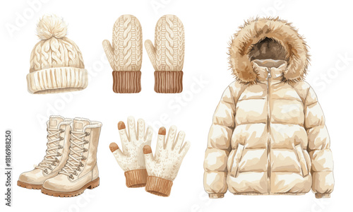 Winter clothing set with puffer jacket and knit hat