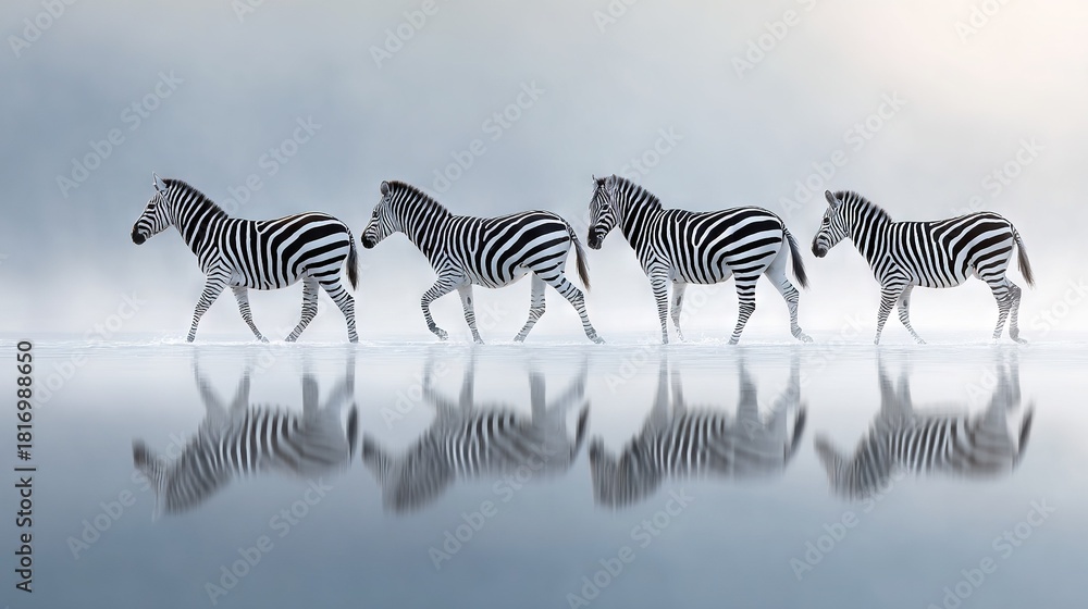 Obraz premium A zebra troop traverses a pond, mirrored in the water while misty clouds obscure the background