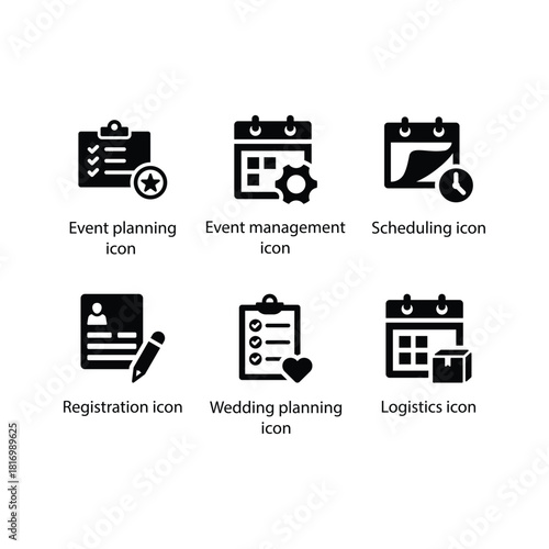 Event planning, Event management, Scheduling, Registration, Wedding planning, Logistics, Black Icon Set