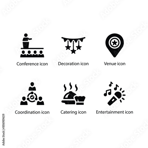 Conference, Decoration, Venue, Coordination, Catering, Entertainment, Black Icon Set