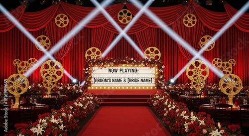 Red, gold, floral cinematic stage with spotlights. Film reel decor. Ideal for wedding events, product display, or video backdrop.
