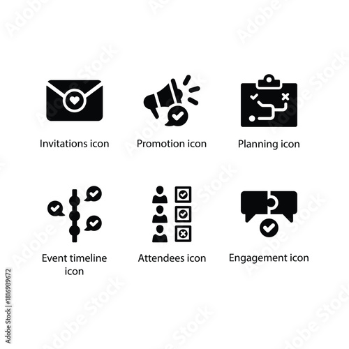 Invitations, Promotion, Planning, Event timeline, Attendees, Engagement, Black Icon Set