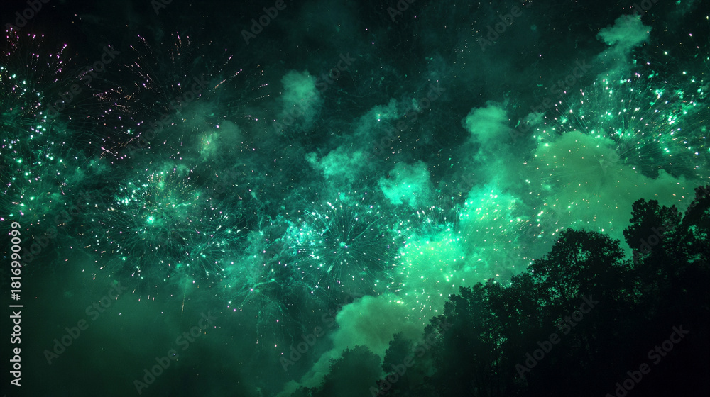 Obraz premium Green fireworks bursting along the edges of the frame, glowing sparks and radiant trails illuminating the dark sky with vibrant emerald light.