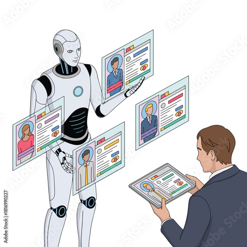 Robot Assisting Professional with Digital Resume Review in Modern Flat Vector Illustration
