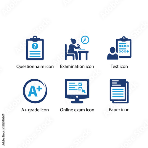 Questionnaire, Examination, Test, A+ grade, Online exam, Paper, Blue Icon Set