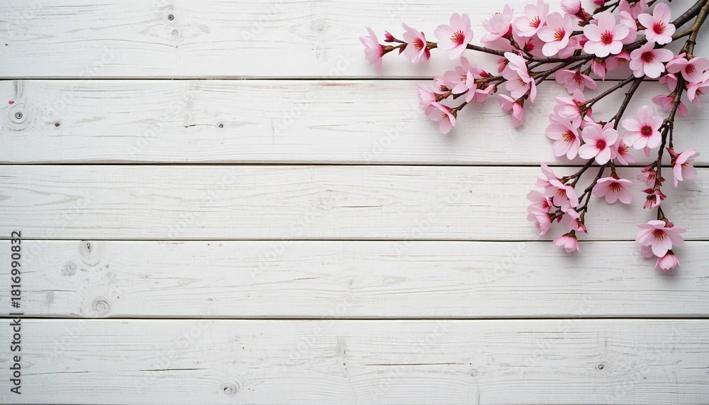 Fototapeta premium Rustic Wooden Background with Whitewashed Planks and Cherry Blossoms