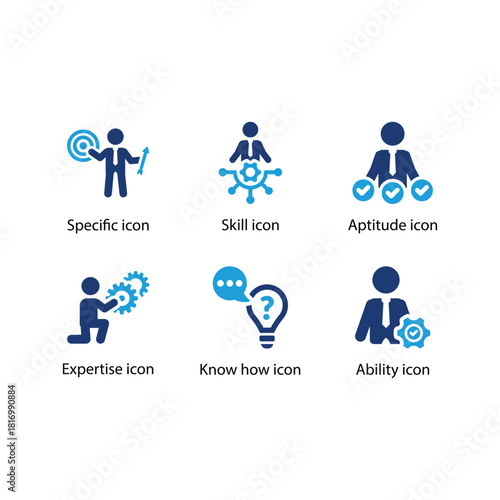 Specific, Skill, Aptitude, Expertise, Know how, Ability, Blue Icon Set
