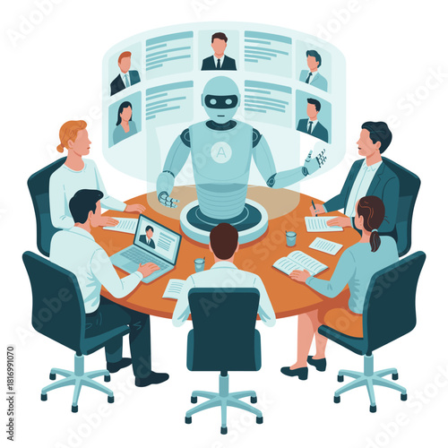 Robot Leader Conducting Business Meeting with Team in Modern Flat Vector Illustration