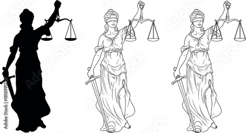 Lady Justice Silhouette and Line Art Vector Set, Blindfolded Themis Statue Holding Scales and Sword for Law, Legal System, Ethics, and Fairness