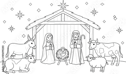 Black and White Nativity Scene Coloring Page, Christmas Story with Baby Jesus, Mary, Joseph, Animals, Star of Bethlehem, Religious Holiday Vector Illustration