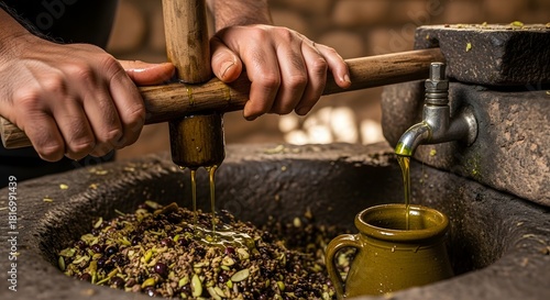 A Jordanian farmer's earth-stained hands pressing olives in an ancient stone press, with golden olive oil trickling into a traditional clay jar. Authentic heritage and food production.