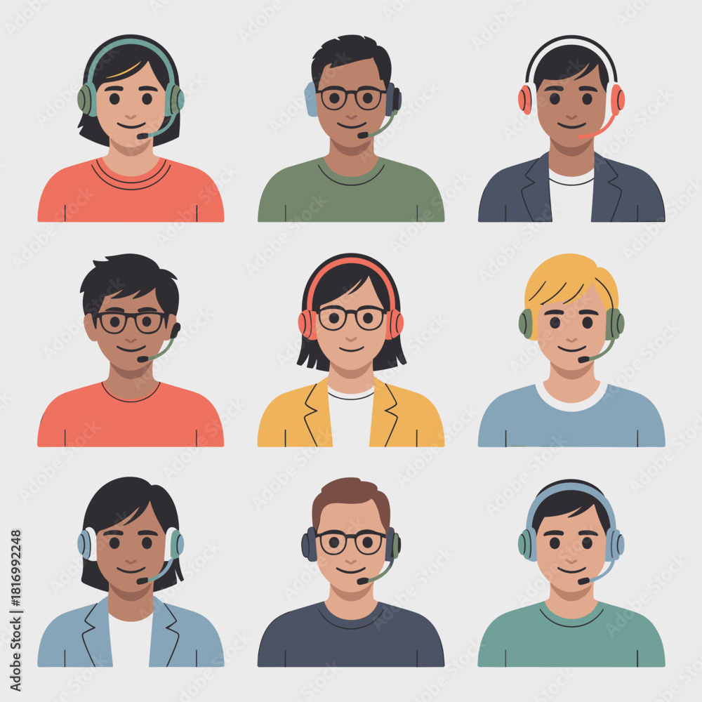Fototapeta premium Set of Diverse Customer Support Agents with Headsets in Flat Vector Illustration