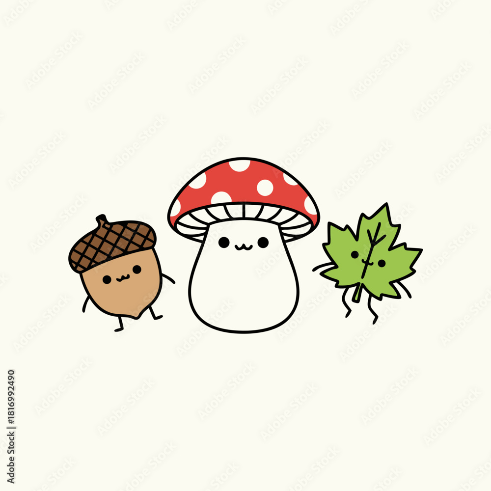 Naklejka premium A cute cartoon illustration featuring an acorn, a mushroom, and a maple leaf with happy faces.