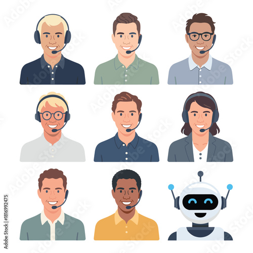 Customer Support Team Avatars with Headsets and Friendly Robot Assistant Vector Illustration