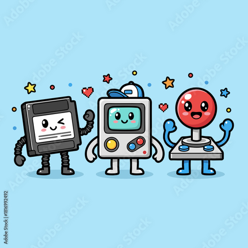 Cute cartoon retro gaming characters: a game cartridge, handheld console, and arcade joystick on a blue background with stars and hearts.
