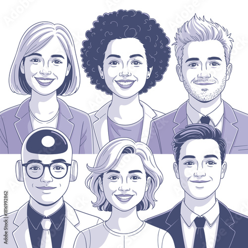 Set of Diverse Professional Portraits in Hand Drawn Vector Illustration