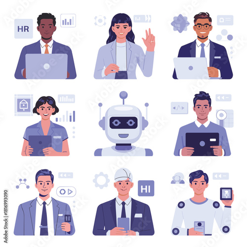 Set of Diverse Office Professionals and Robot Assistant in Flat Vector Illustration