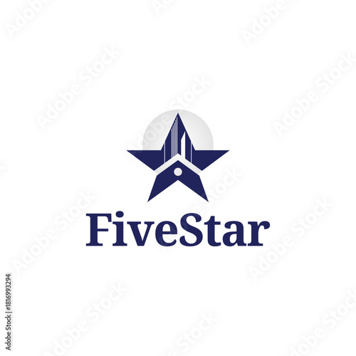 Elegant Five Star Hotel Logo with Building Silhouette and Star Shape