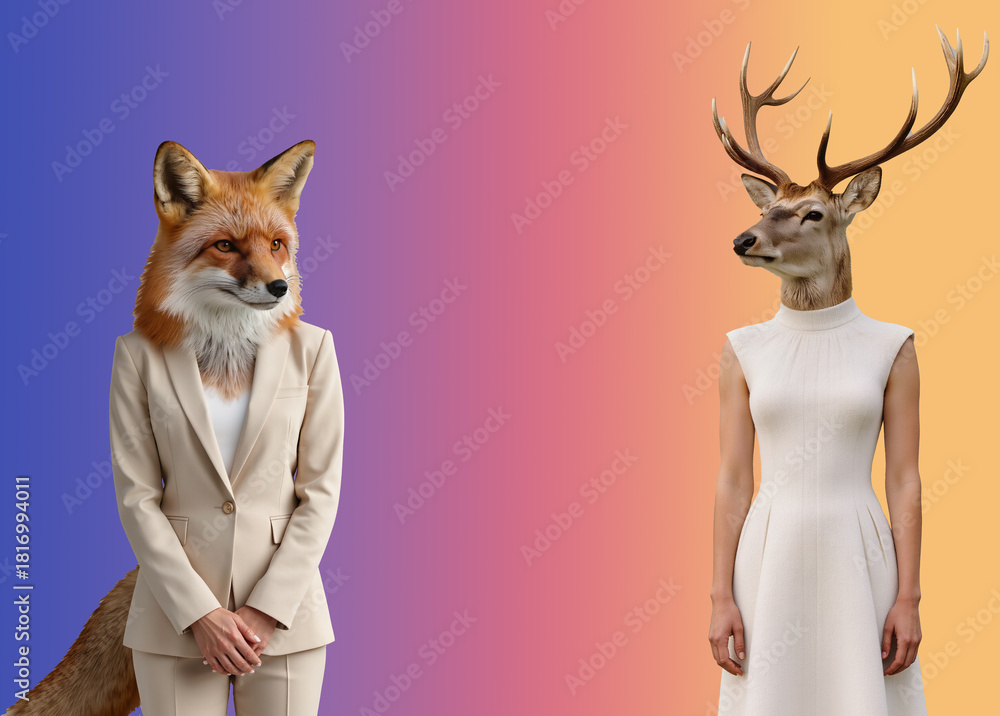 Fototapeta premium Fox and Deer Human Hybrid Fashion Portrait, Surreal Conceptual Animal Heads, Modern Minimalist Art Illustration